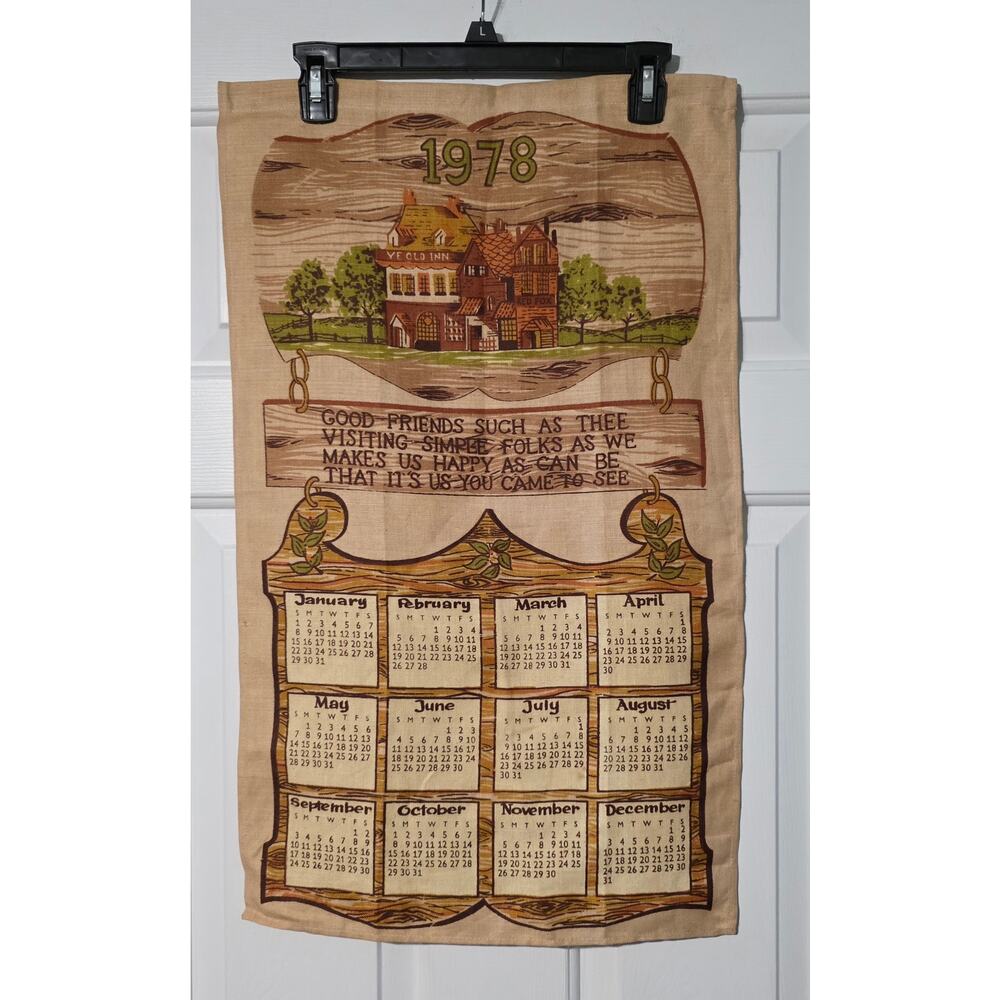TEA‎ TOWEL - Vtg 1978 Ye Old Inn Rural Good Friends Calendar Wall Hanging